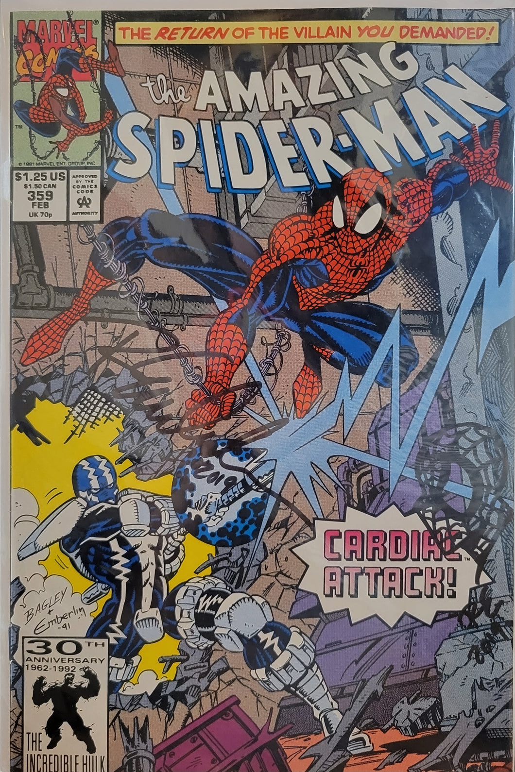 Amazing Spider-Man #359 -1st Brief Carnage Cameo- Signed & Remarqued by Randy Emberlin w/COA