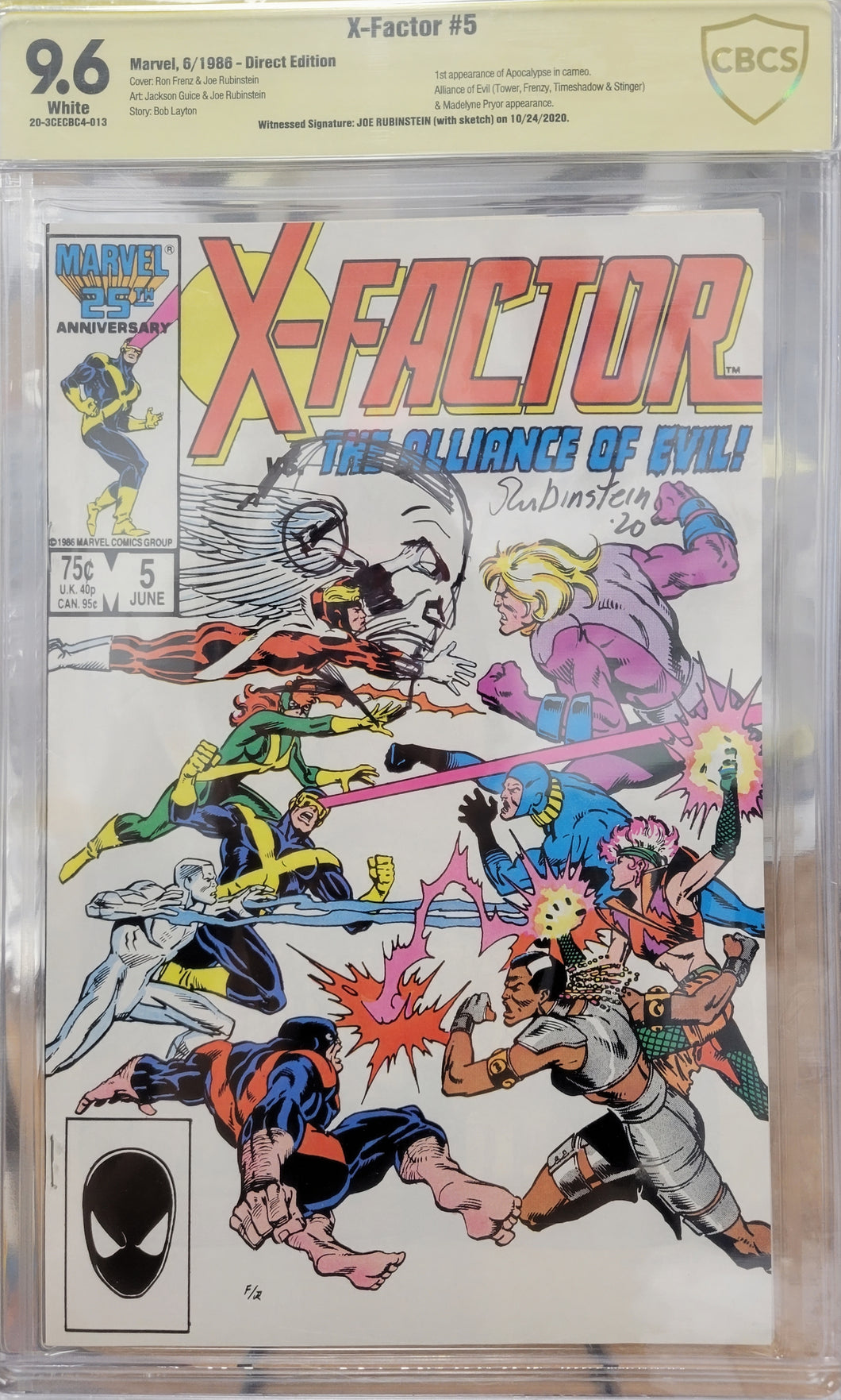 X-Factor #5 9.6 Graded -1st Appearance of Apocalypse- Signed and Remarqued by Joe Rubinstein